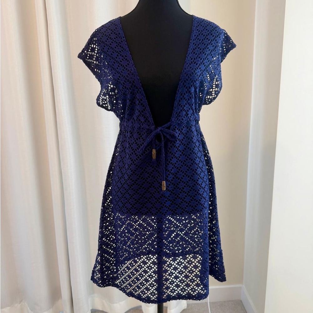 Navy Crochet Coverup with Tie Waist